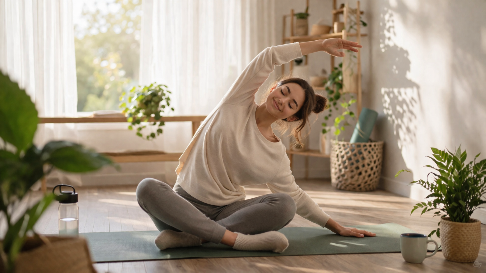 A person doing gentle morning stretches in a bright, peaceful home setting with plants and natural light