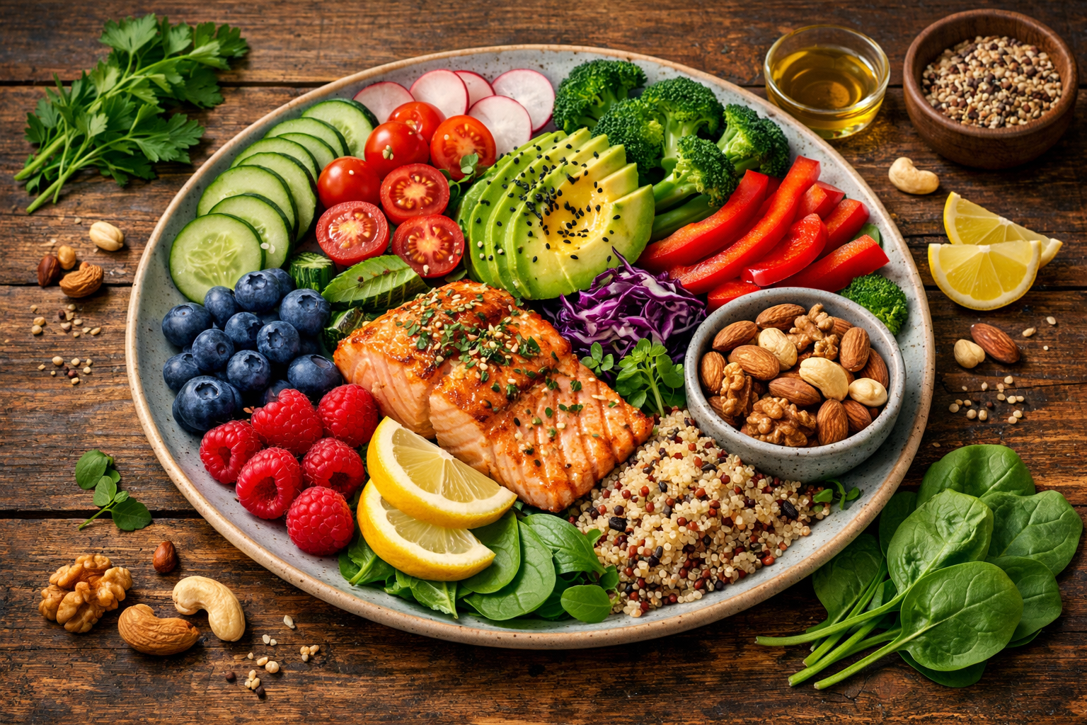 A colorful plate with fresh vegetables, berries, fish and nuts arranged beautifully on a wooden table